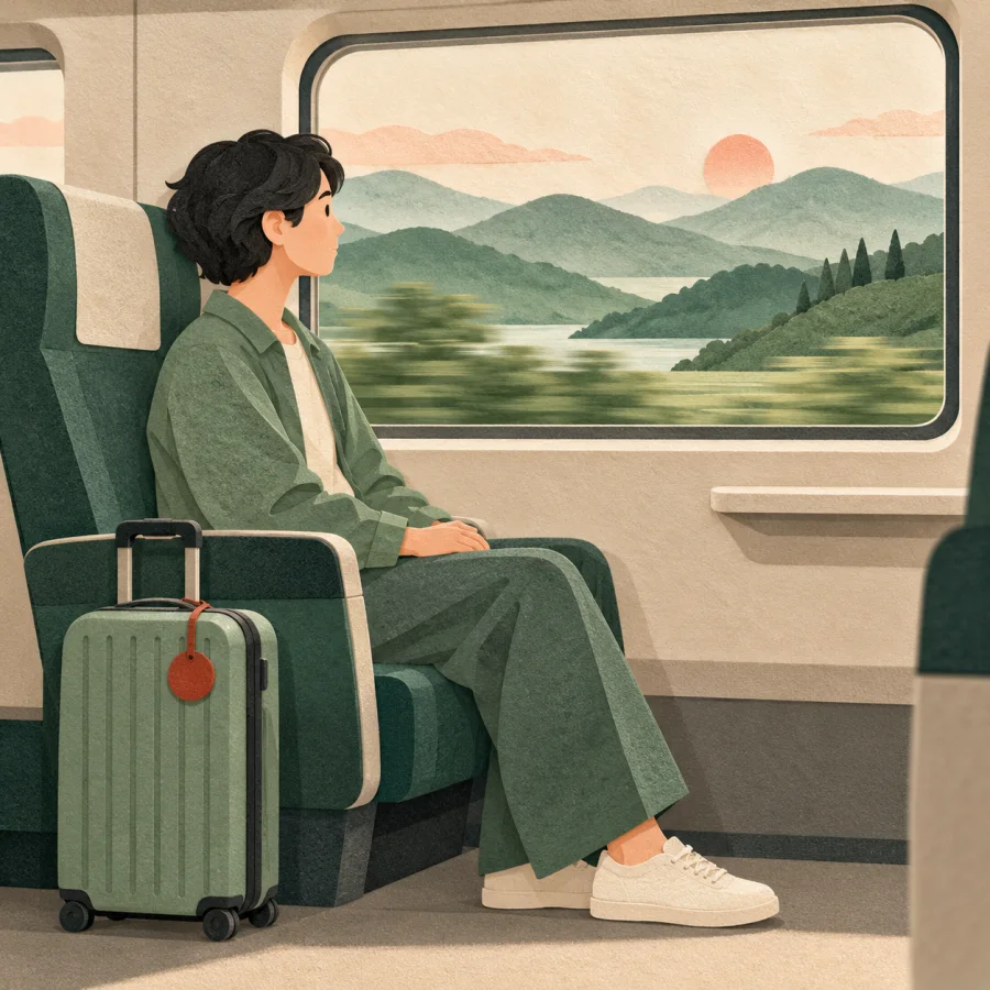 A passenger looks out of a train window at hills