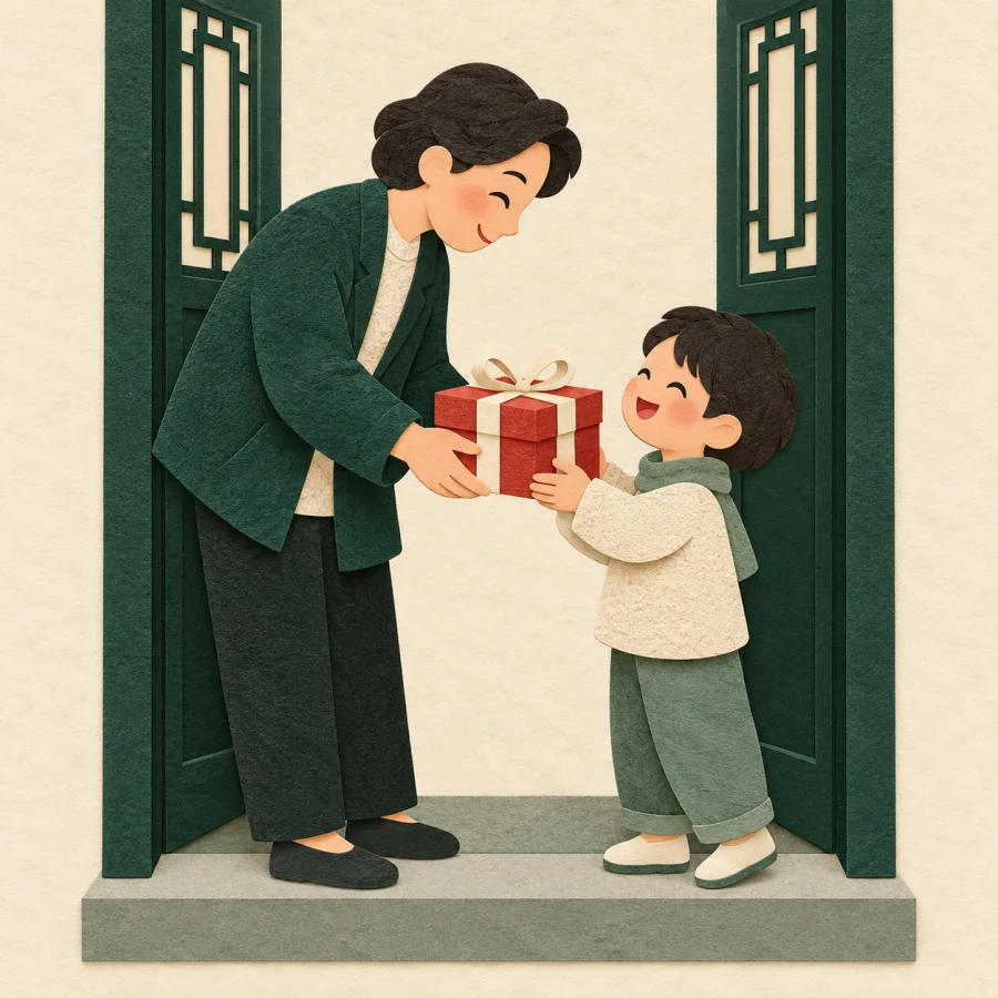 A person hands a red gift box to a smiling child