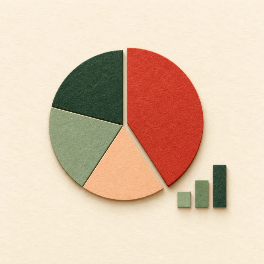 A pie chart with a red slice beside a small bar chart