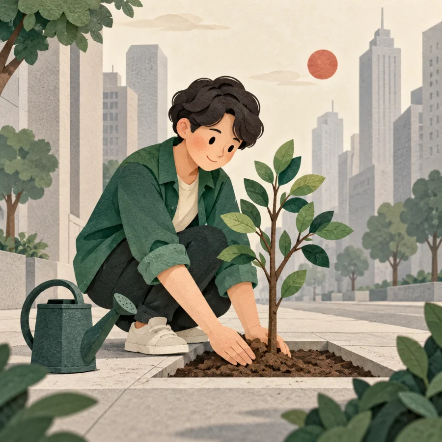 A person plants a small tree on a street between tall buildings