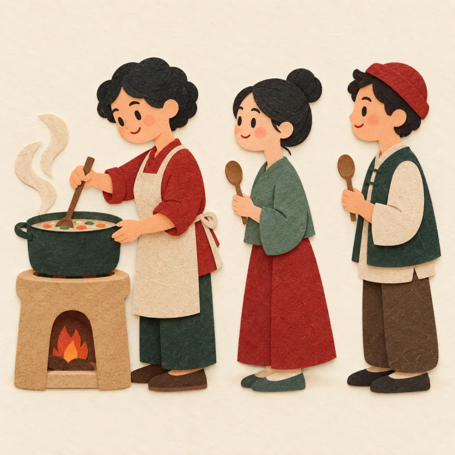 One person stirs a pot while two wait with spoons