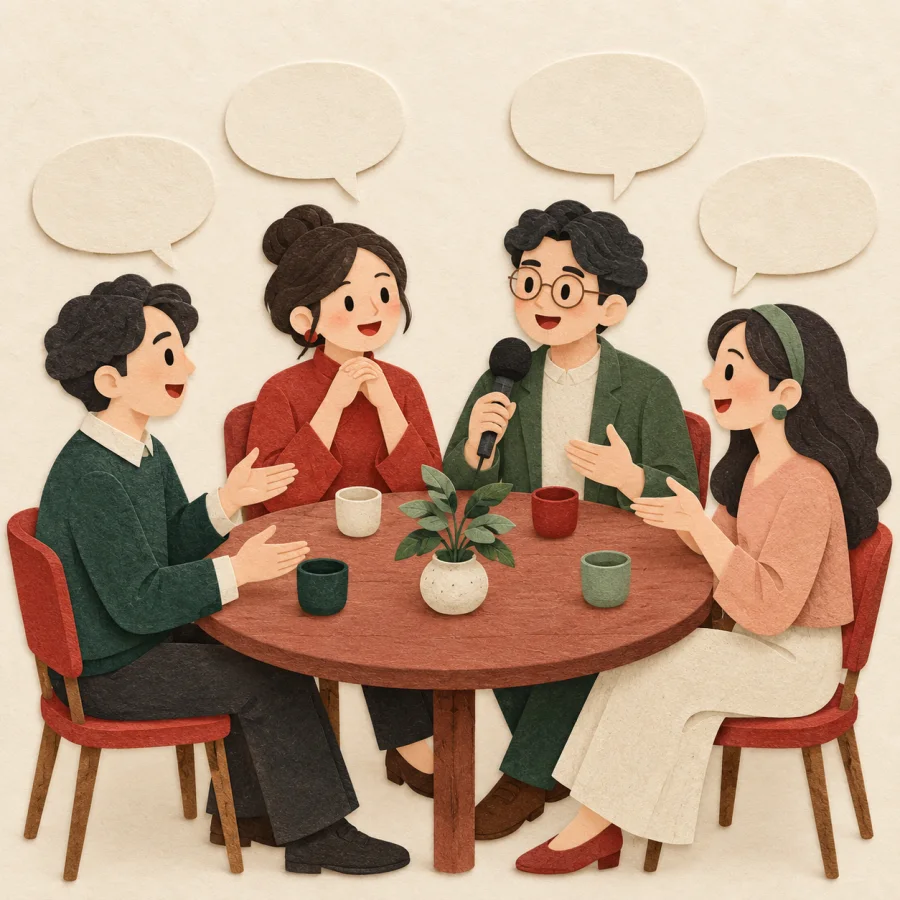 People around a round table with empty speech bubbles