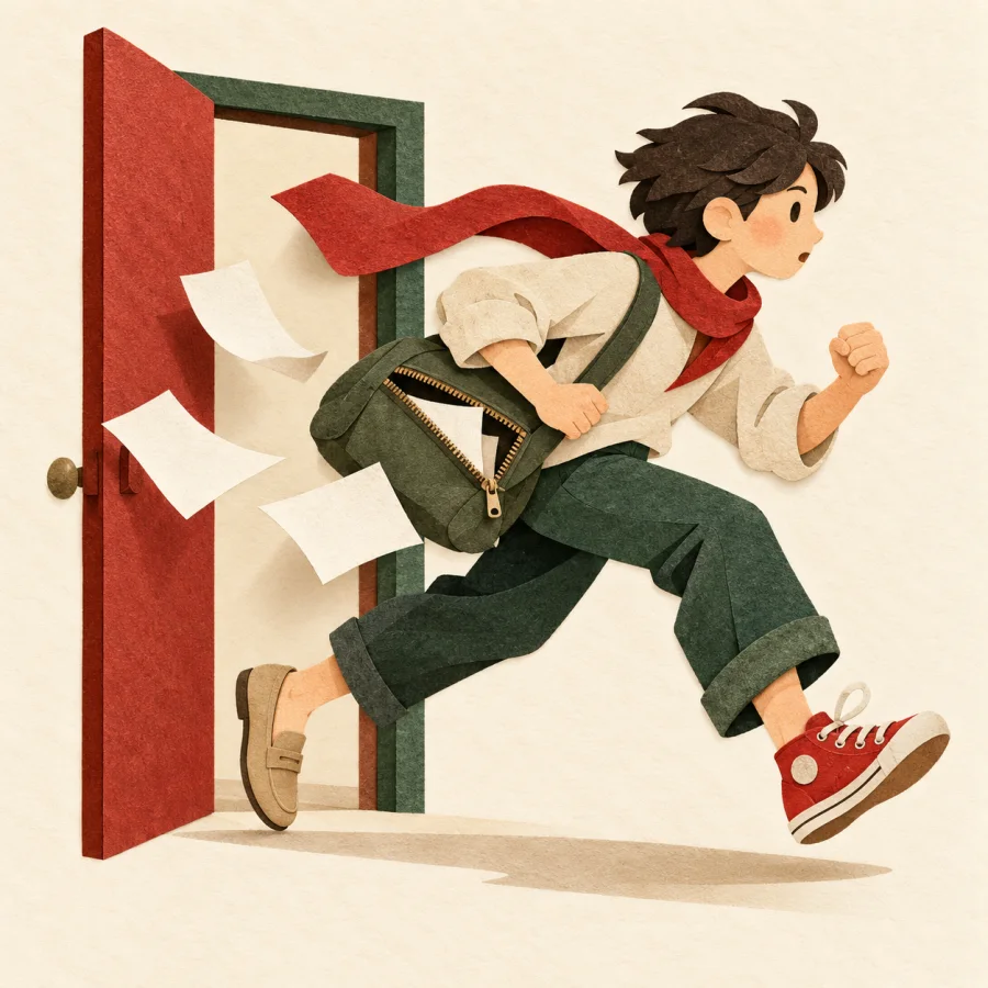 A person rushes out in mismatched shoes