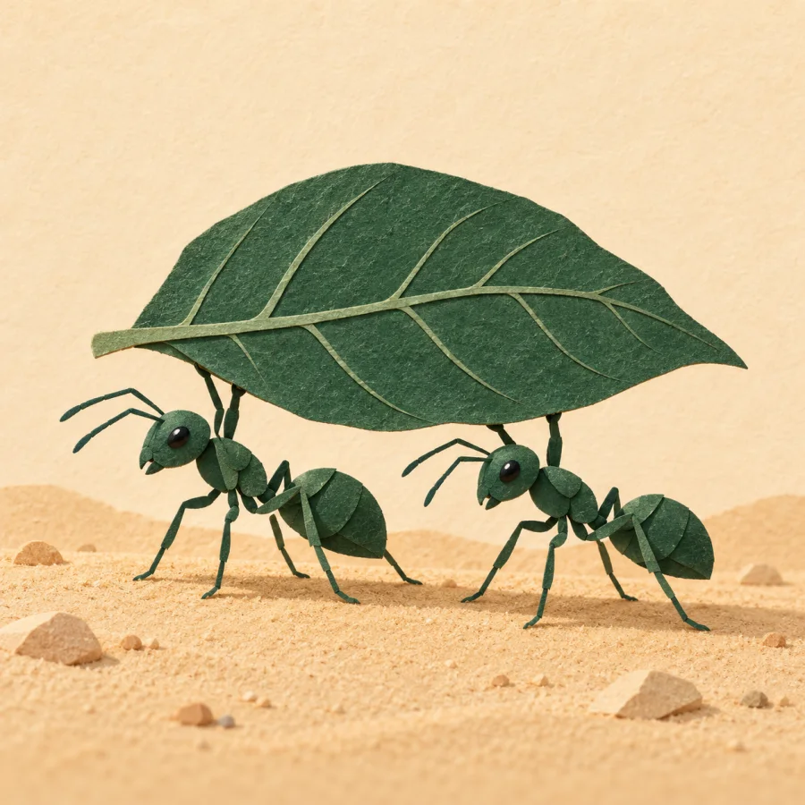 Two ants carry a large leaf together