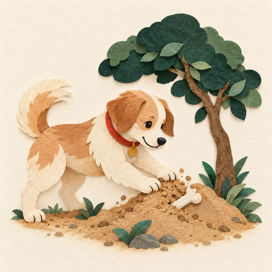 A dog buries a bone under a tree