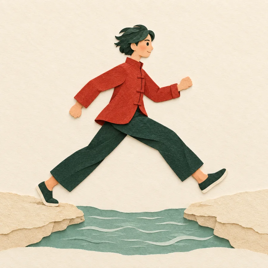 A person takes a long stride over a stream