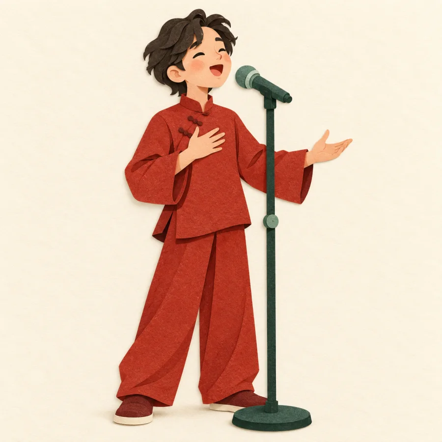 A girl sings into a microphone on a stand