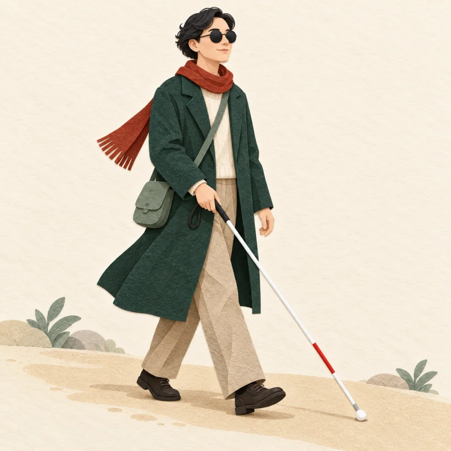 A person with a cane walks along a path
