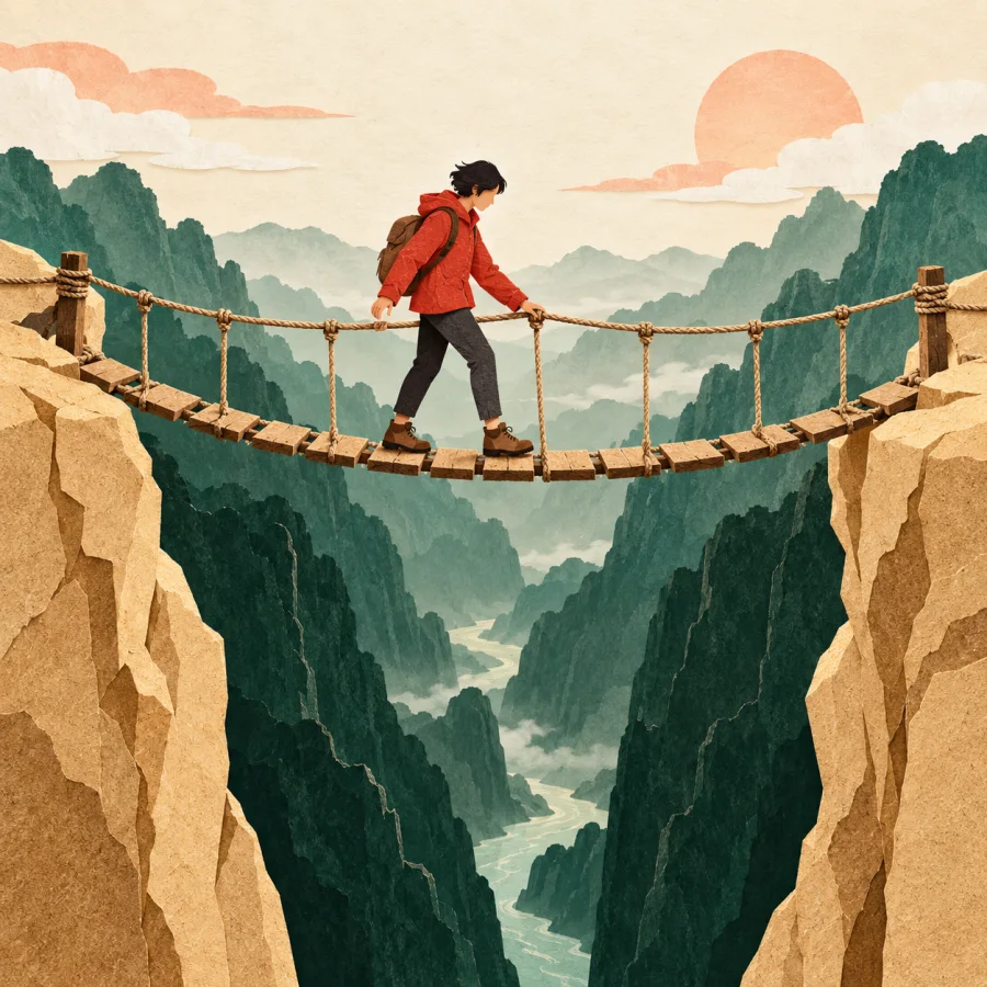 A person edges across a rope bridge over a gorge