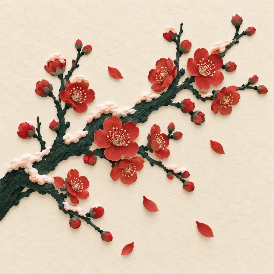 A branch with red plum blossoms against snow