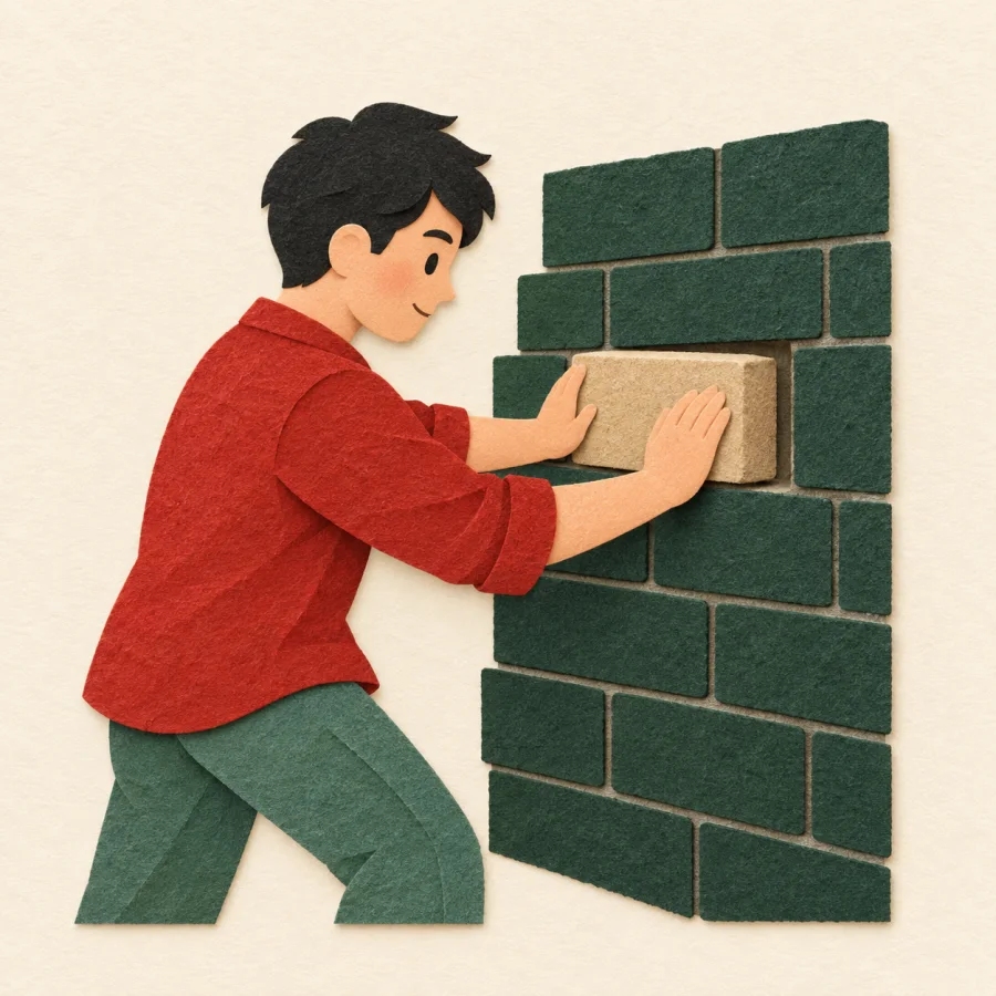 A person fills a hole in a wall with a brick