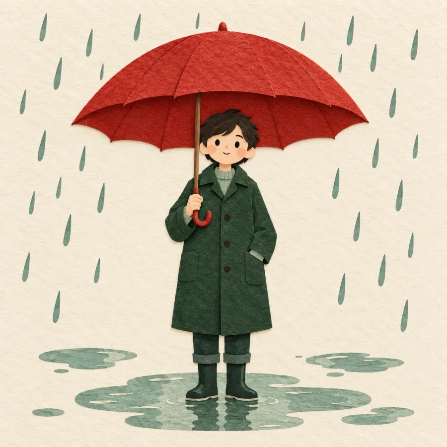 A person under a big umbrella while rain falls around