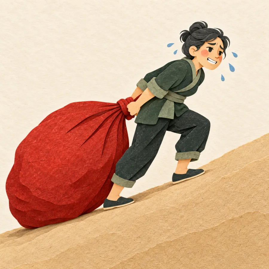A tired person with a forced smile drags a heavy sack