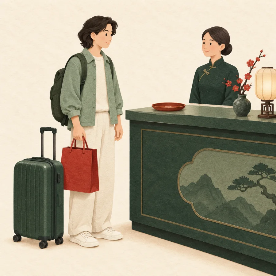 A traveler with a suitcase and bag beside an empty cash dish