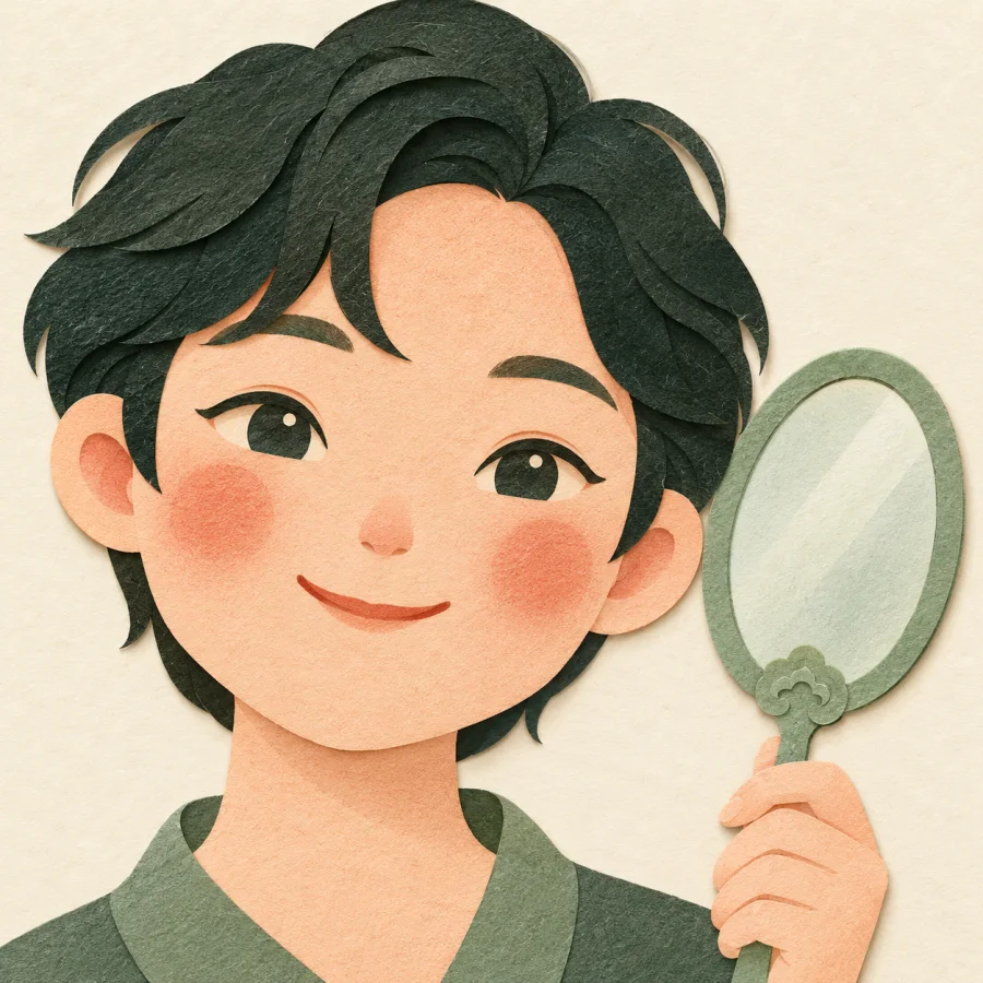 A large calm face with a hand mirror