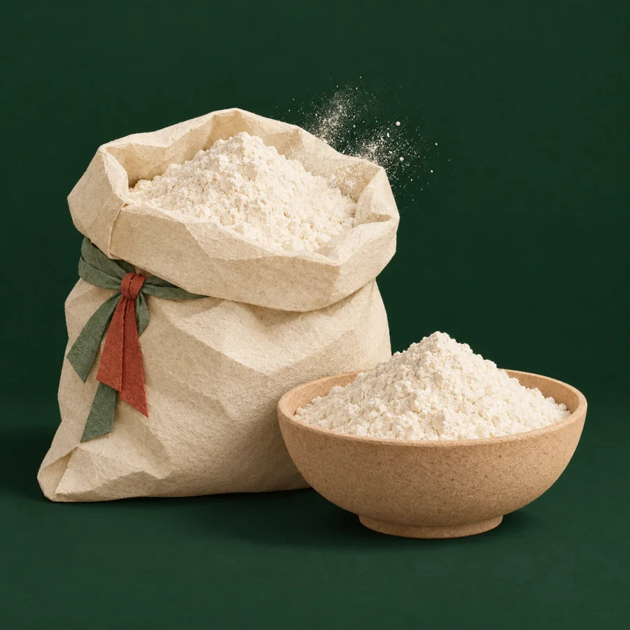 A sack of flour and a wooden bowl with a heap of flour