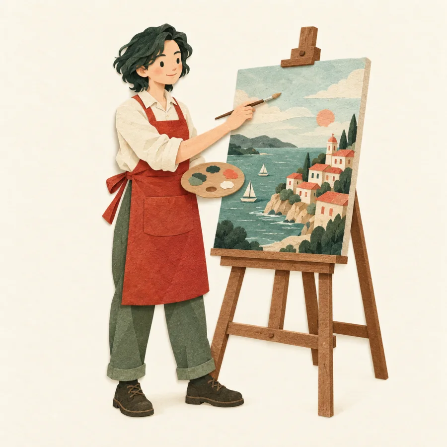 A painter paints a seaside scene on a canvas
