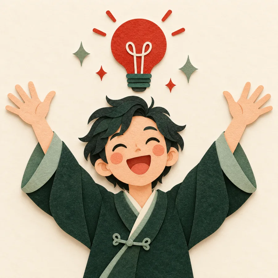 A delighted person with a glowing lightbulb overhead