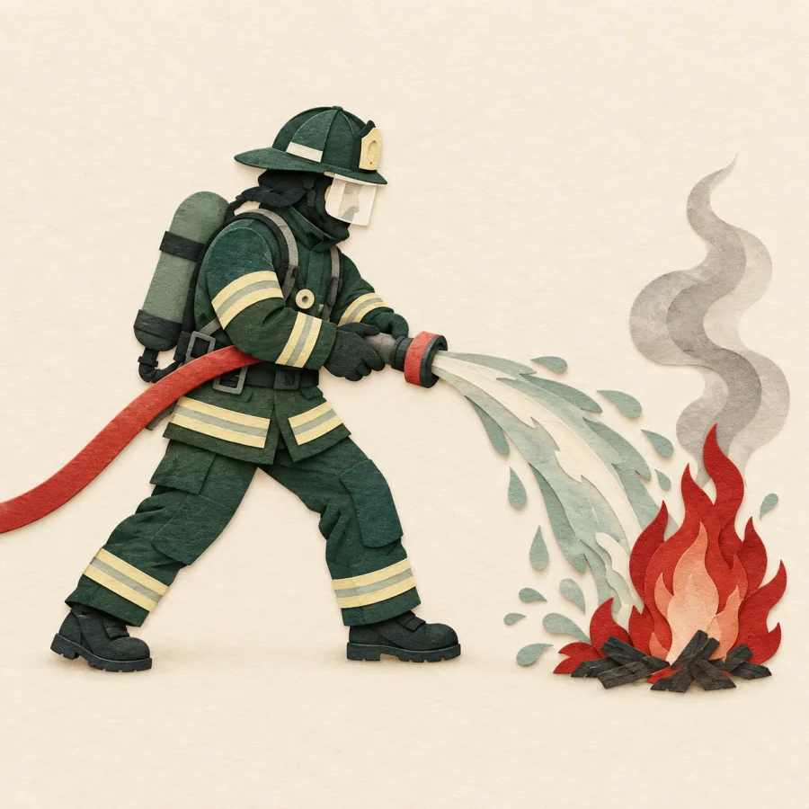 A firefighter puts out a fire with a hose