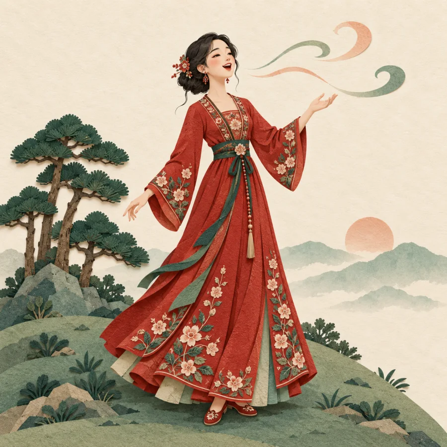 A woman in folk dress sings outdoors
