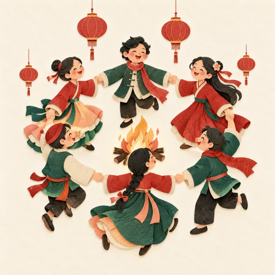 People in festive clothes dance in a circle with lanterns