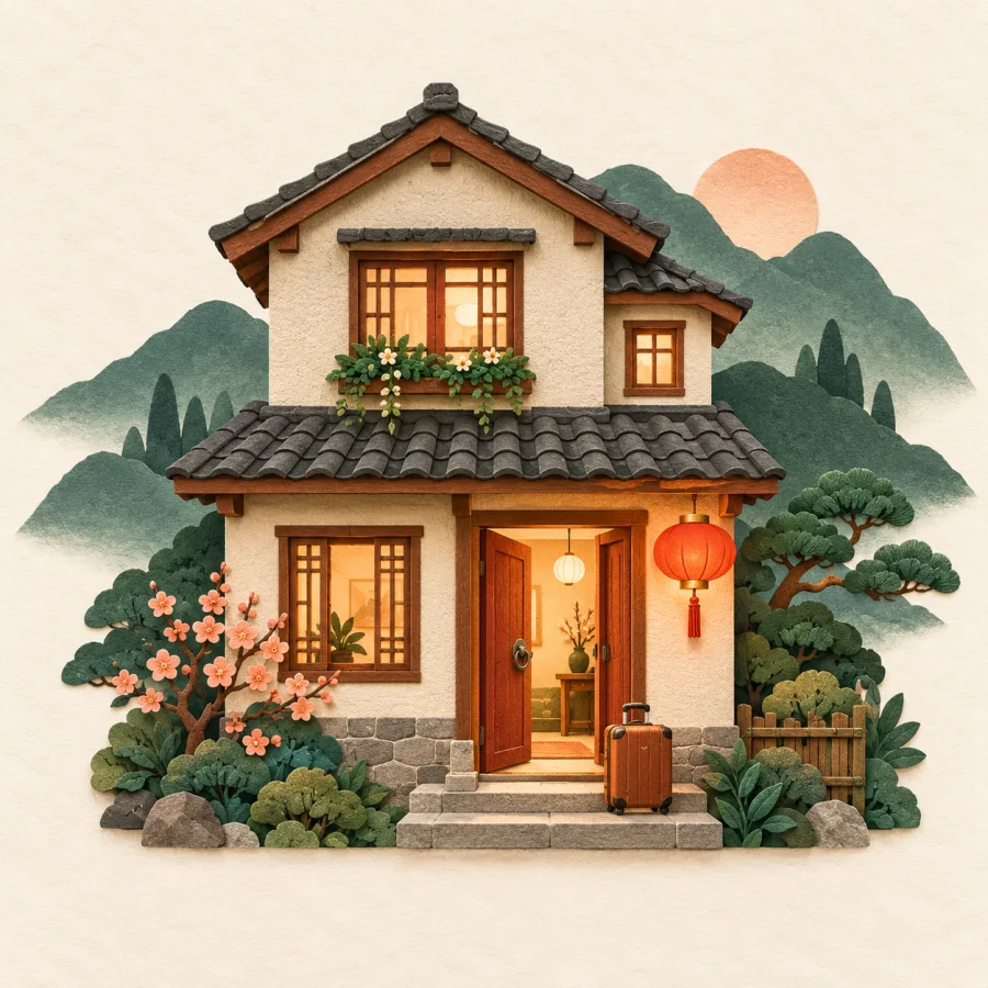 A small cozy house with a lantern by the door