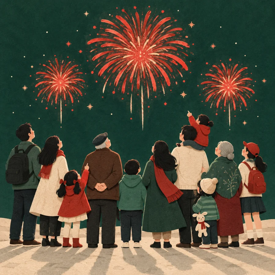 A crowd in a square watching fireworks