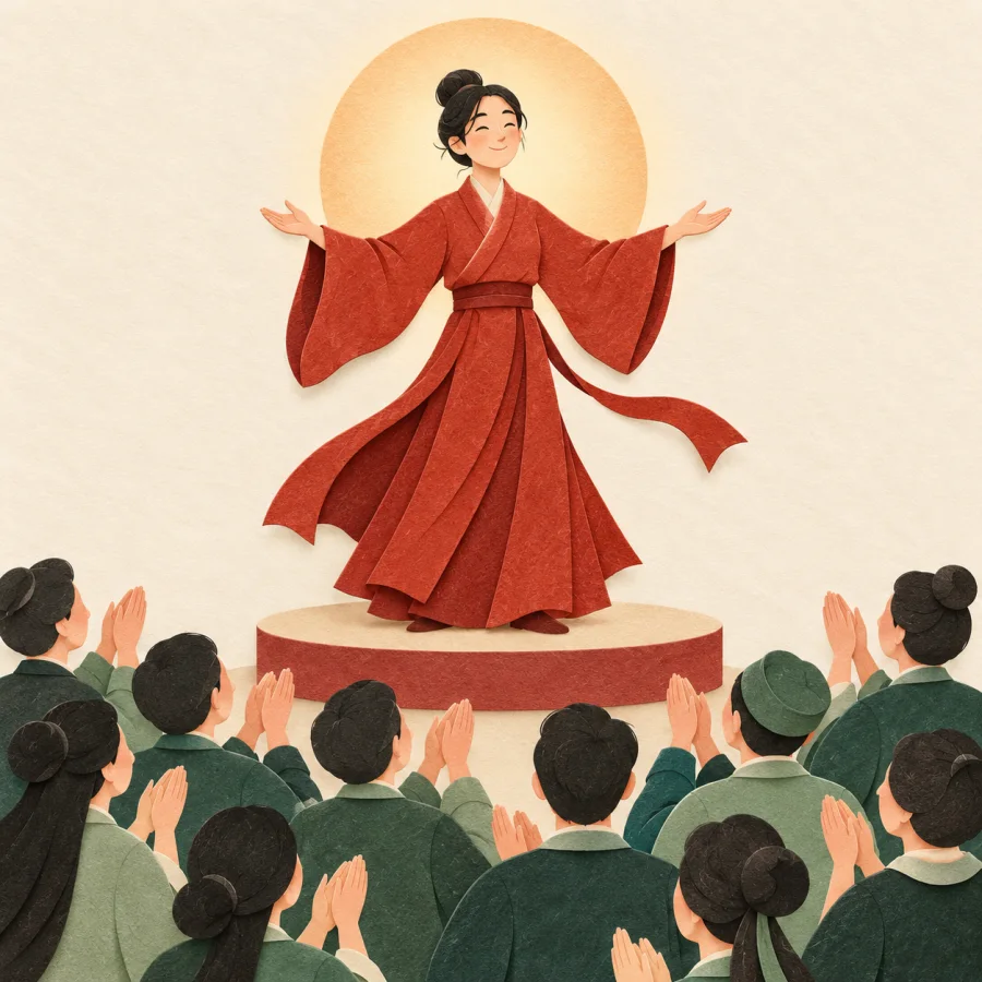 A person on a stage surrounded by an applauding crowd