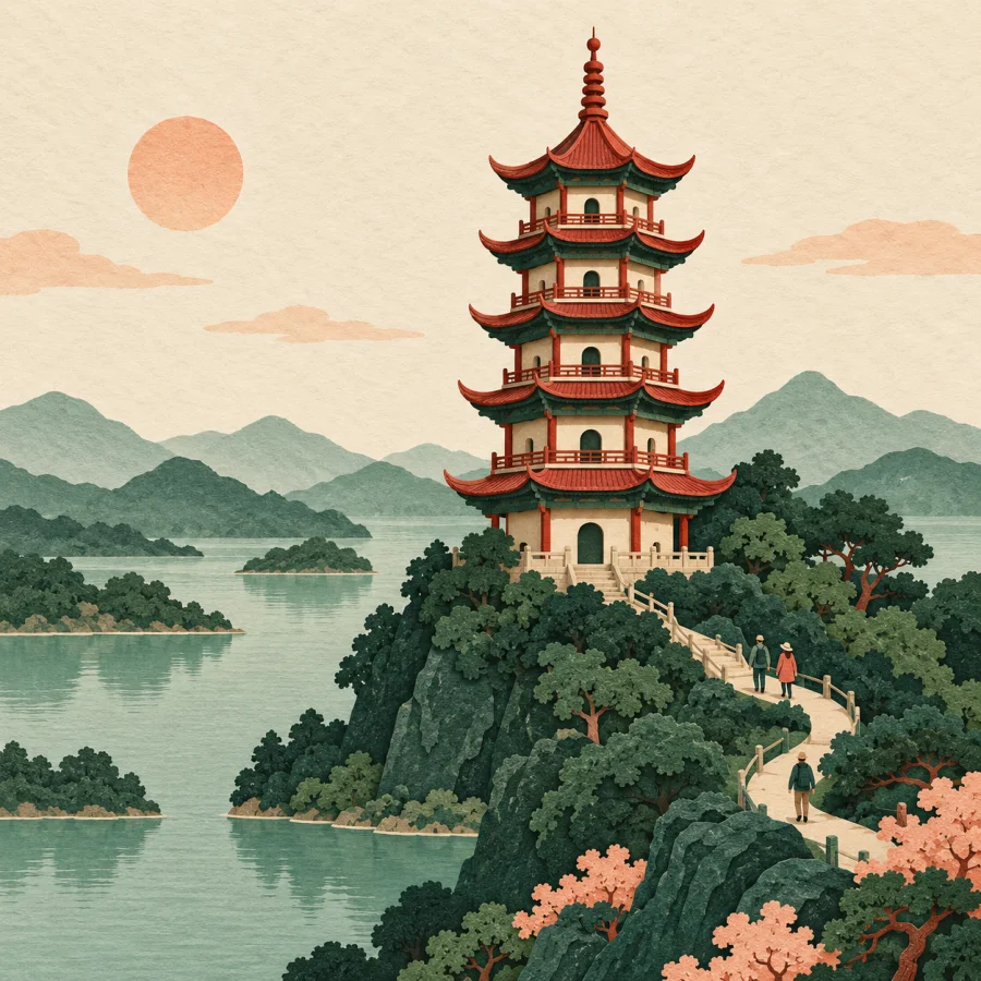 An old pagoda on a hill above a lake