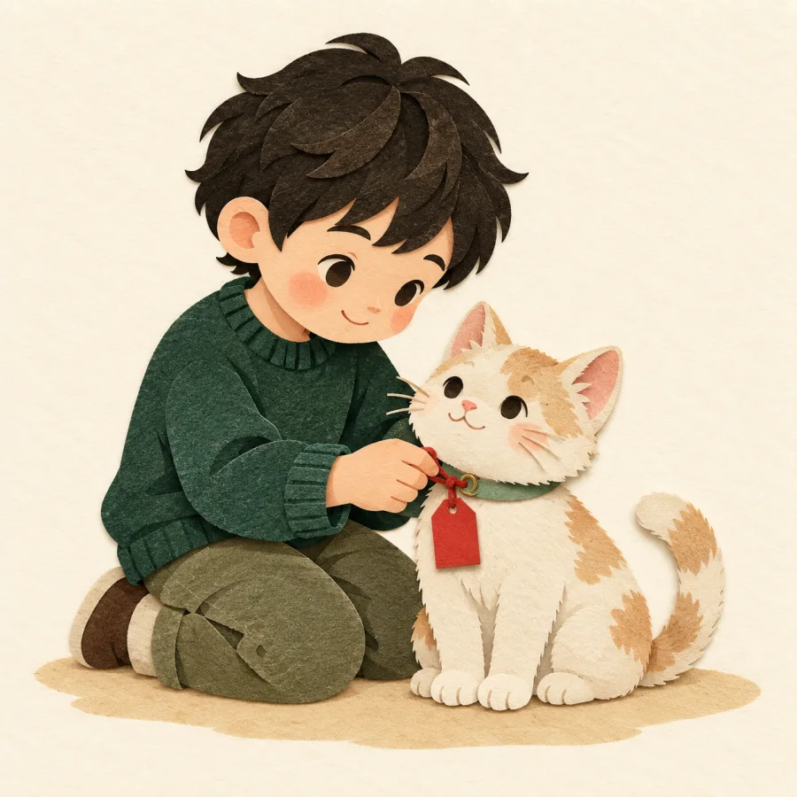 A child hangs a tag on a kitten's collar