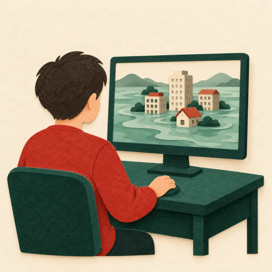 A person at a computer showing a small city flooding on screen