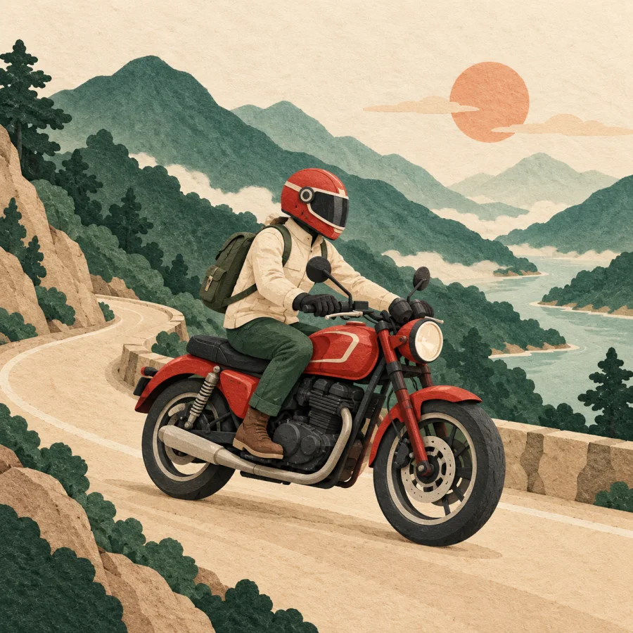 A person in a helmet rides a motorcycle on a mountain road