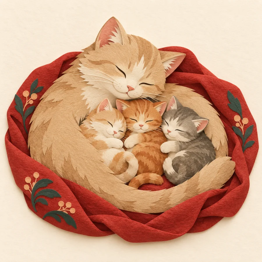 A mother cat lies with three kittens
