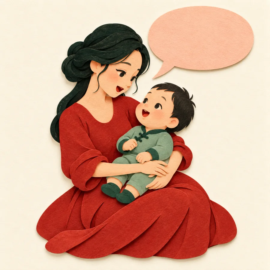 A mother and baby talk, with a speech bubble above