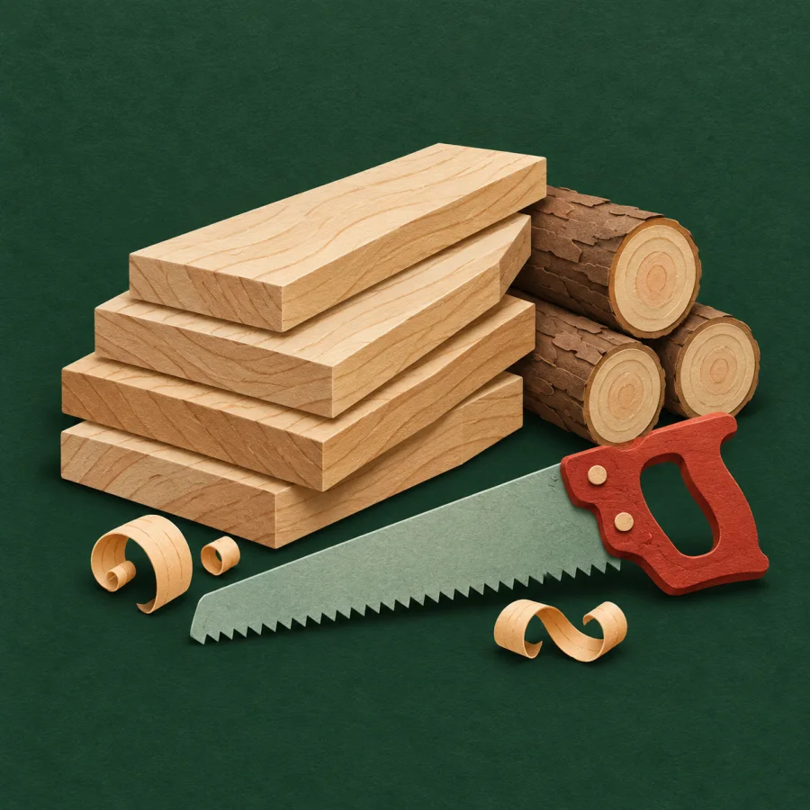 A neat stack of planks beside a saw