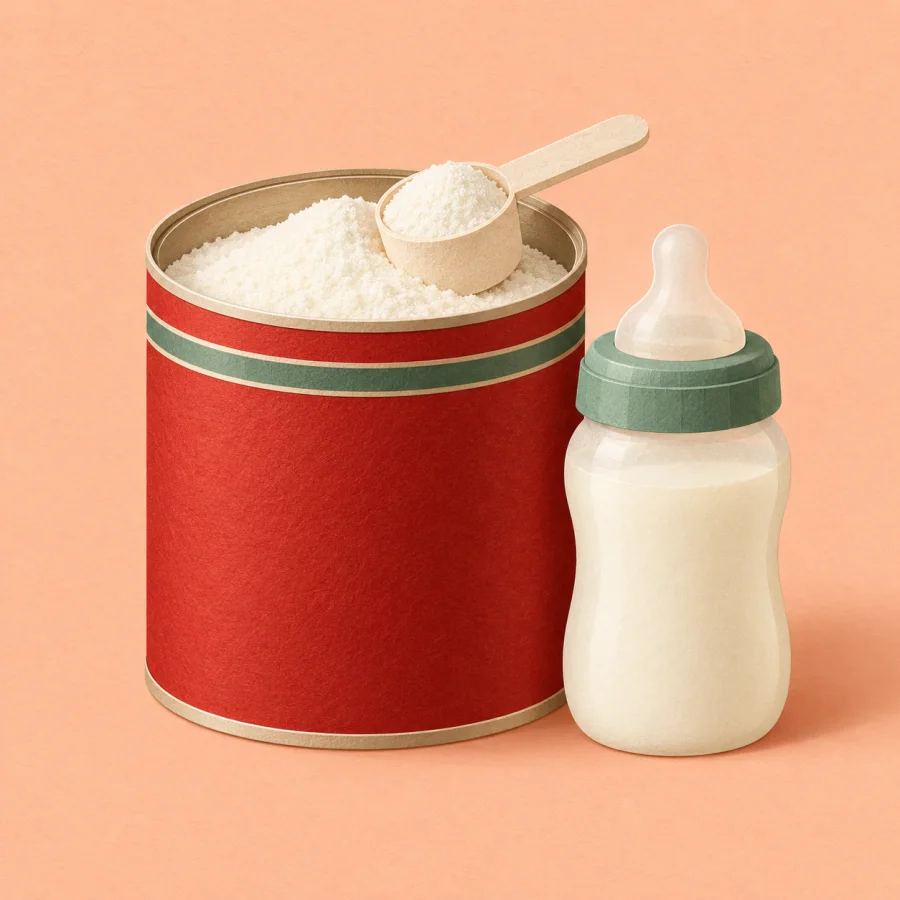 A tin of powder and a spoon beside a baby bottle
