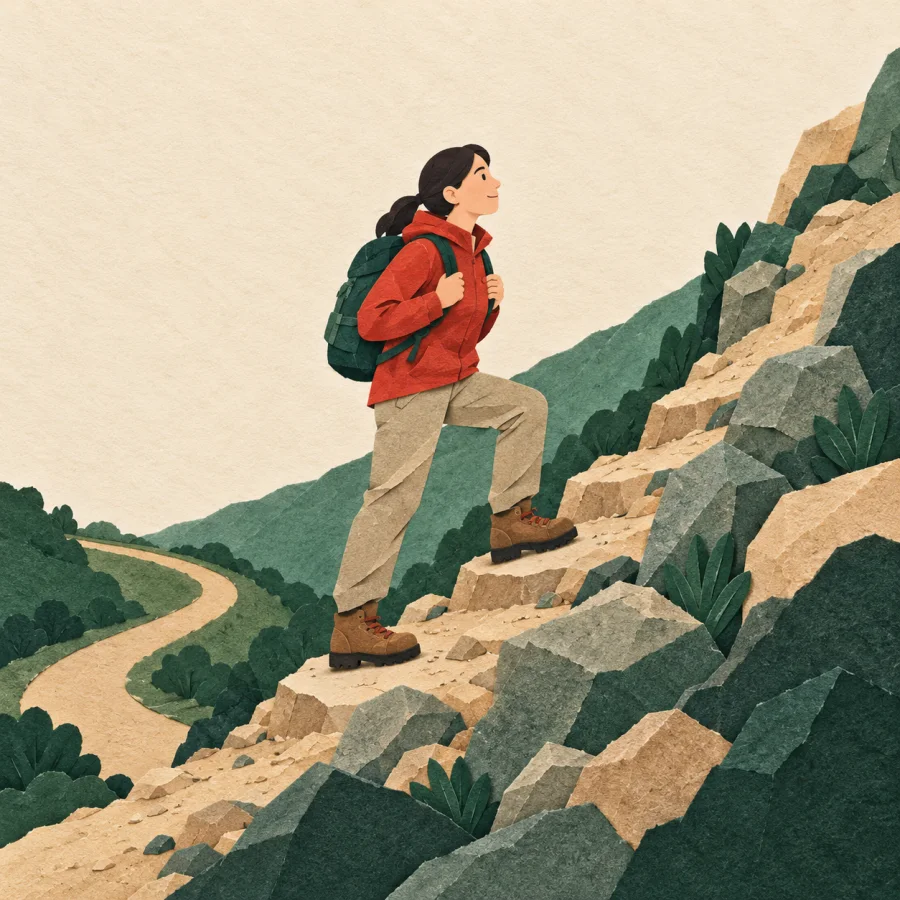 A person at the steepest part of a mountain trail