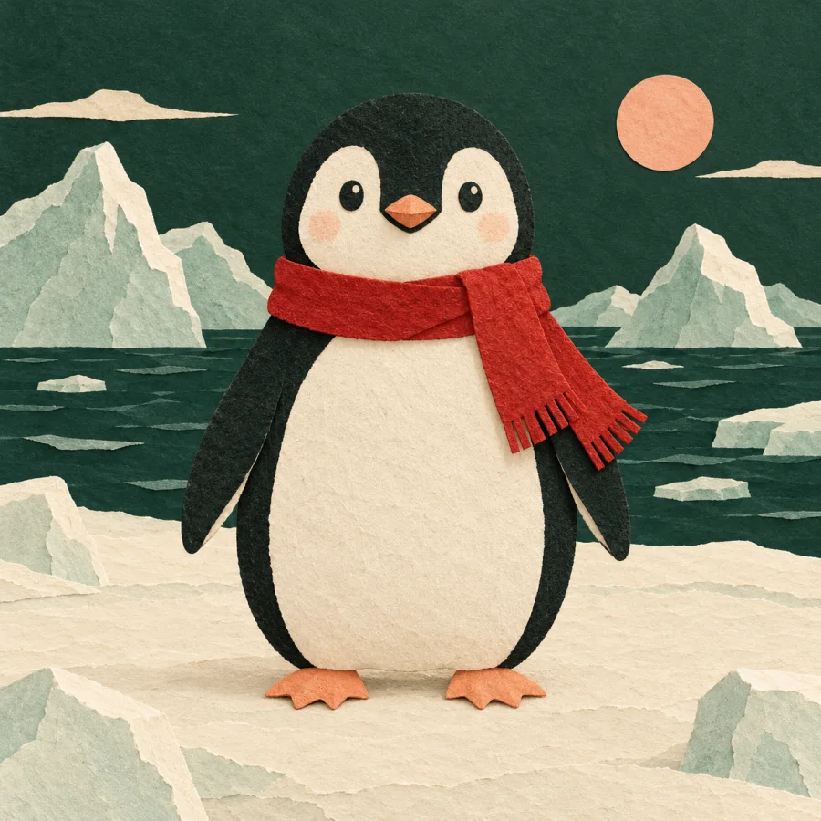 A penguin stands on ice among icy peaks