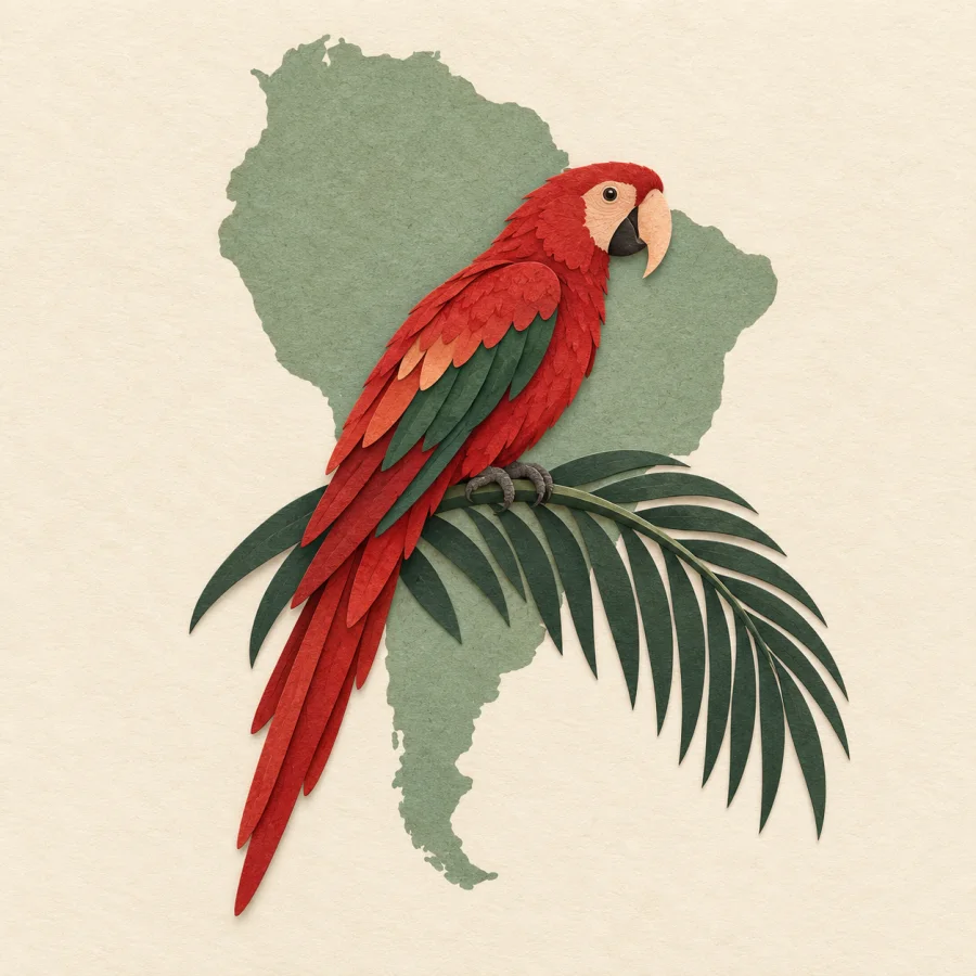 A red parrot on a palm leaf beside a continent shape