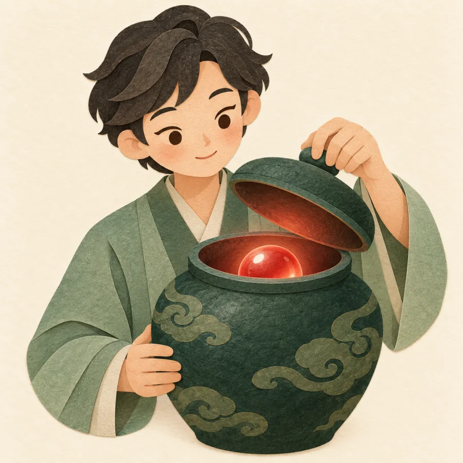 A person lifts a jar lid to reveal a glowing red pearl