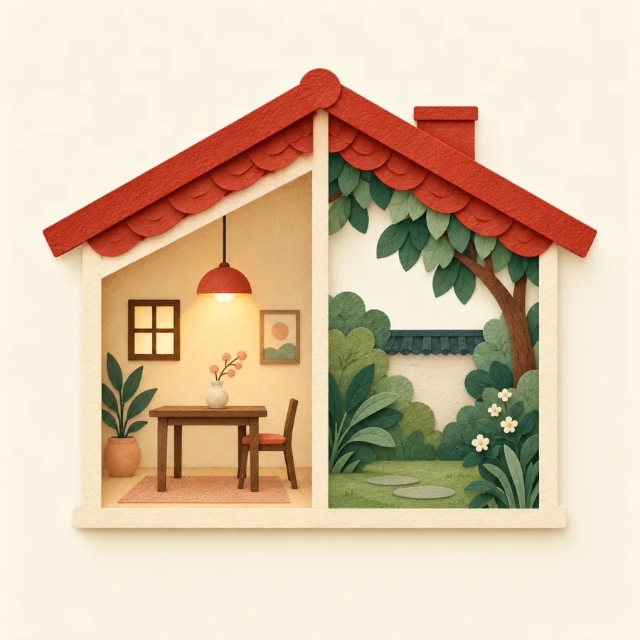 A house cut in half showing a cosy room and a garden