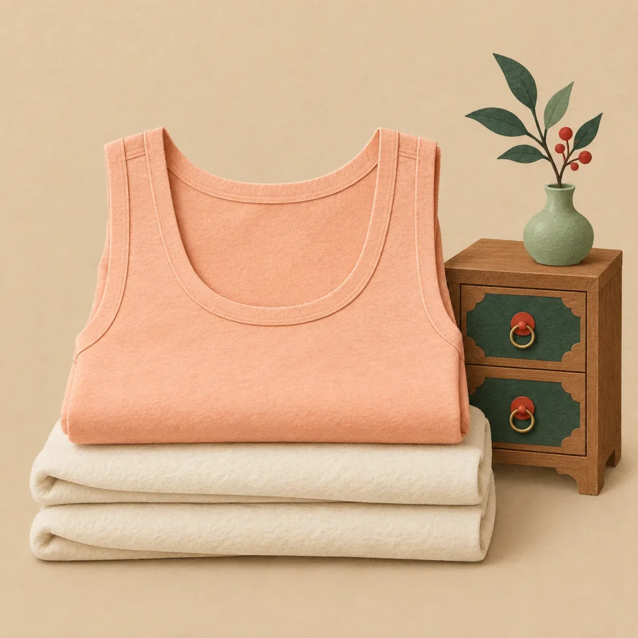 A folded peach undershirt beside a small wooden drawer