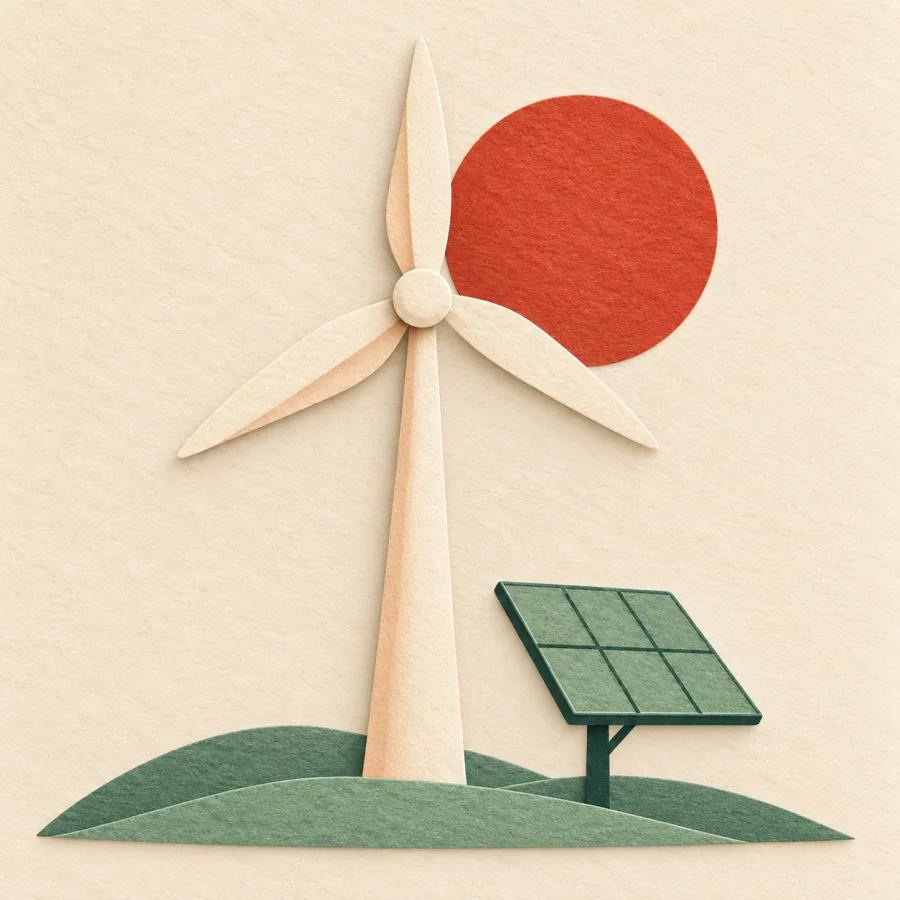 A wind turbine and a solar panel under a red sun