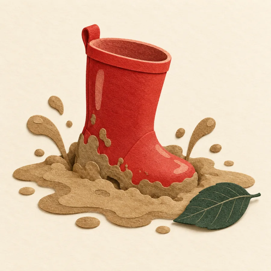 A small boot stuck in a puddle of thick mud