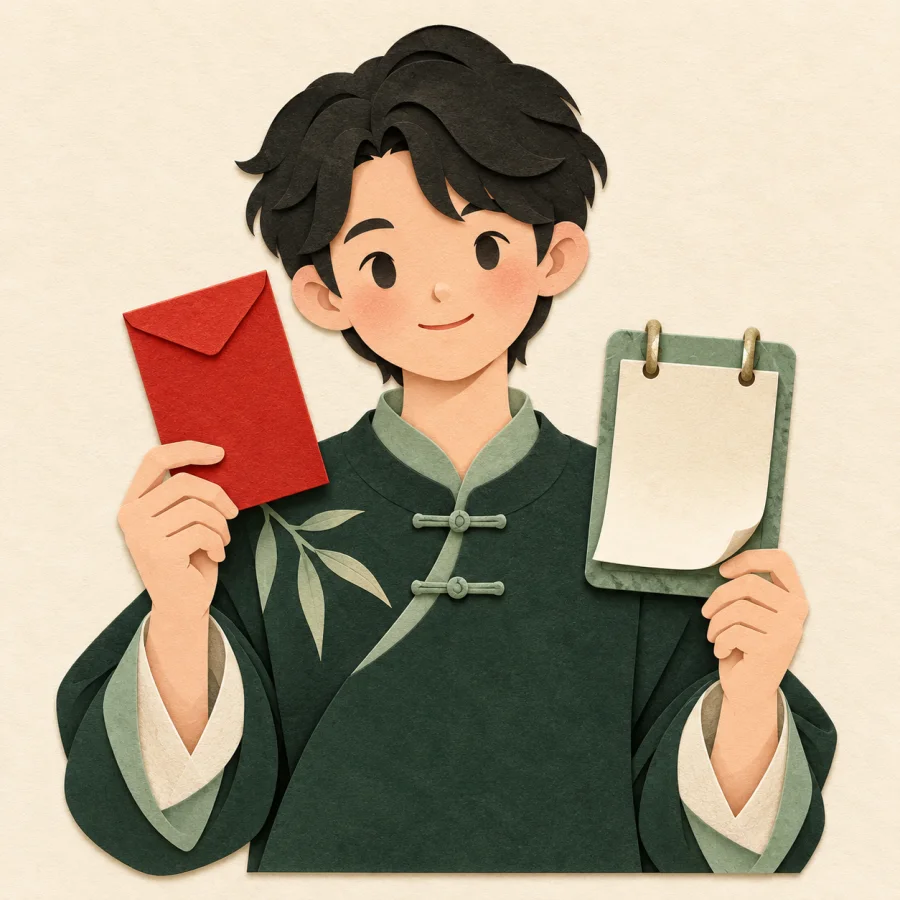 A red envelope beside a calendar pad with one sheet left