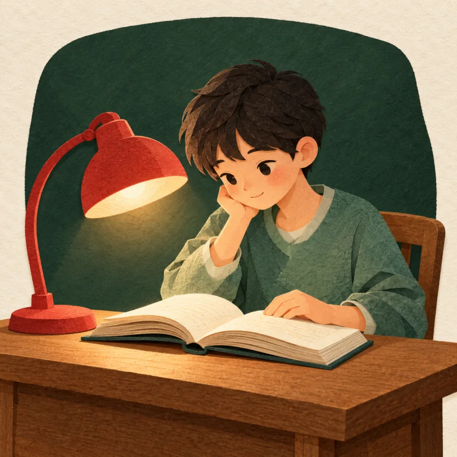 A student reads a book at a desk under a red lamp