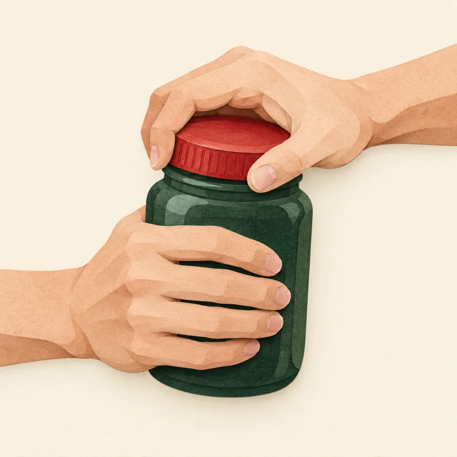 A person twists a red jar lid with both hands