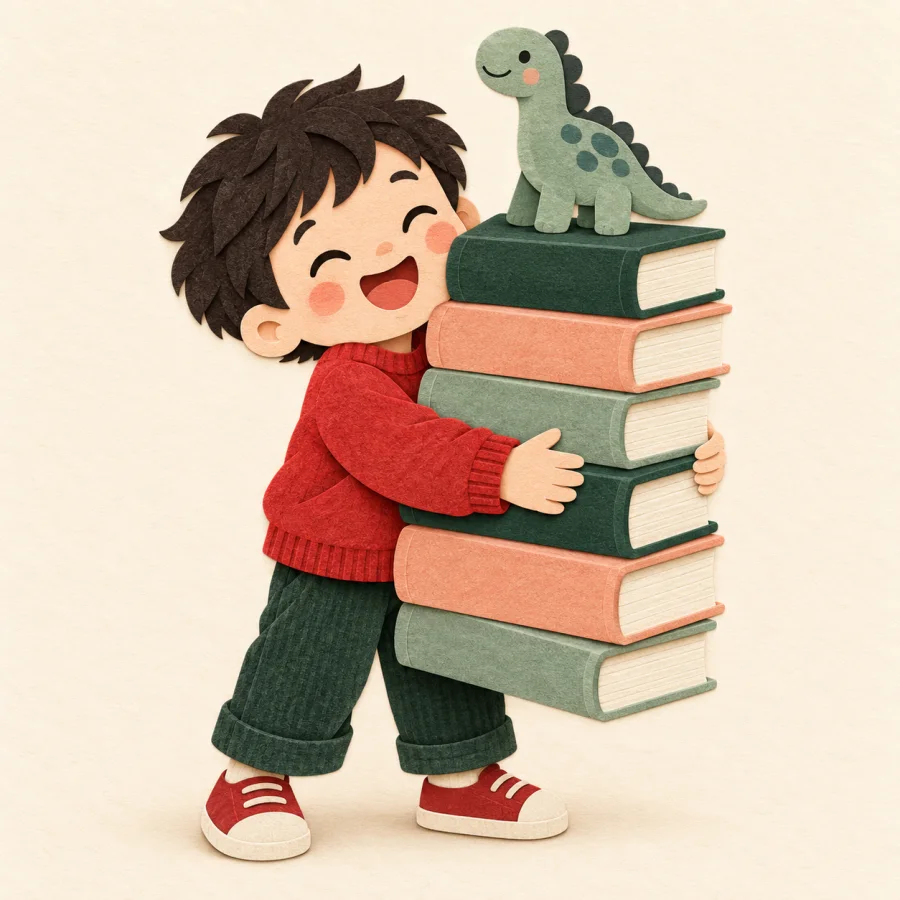 A child hugs a stack of books topped with a toy dinosaur