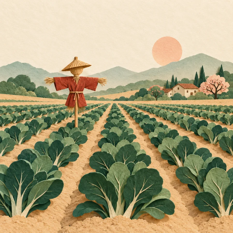 Neat green crop rows on a field with a red scarecrow