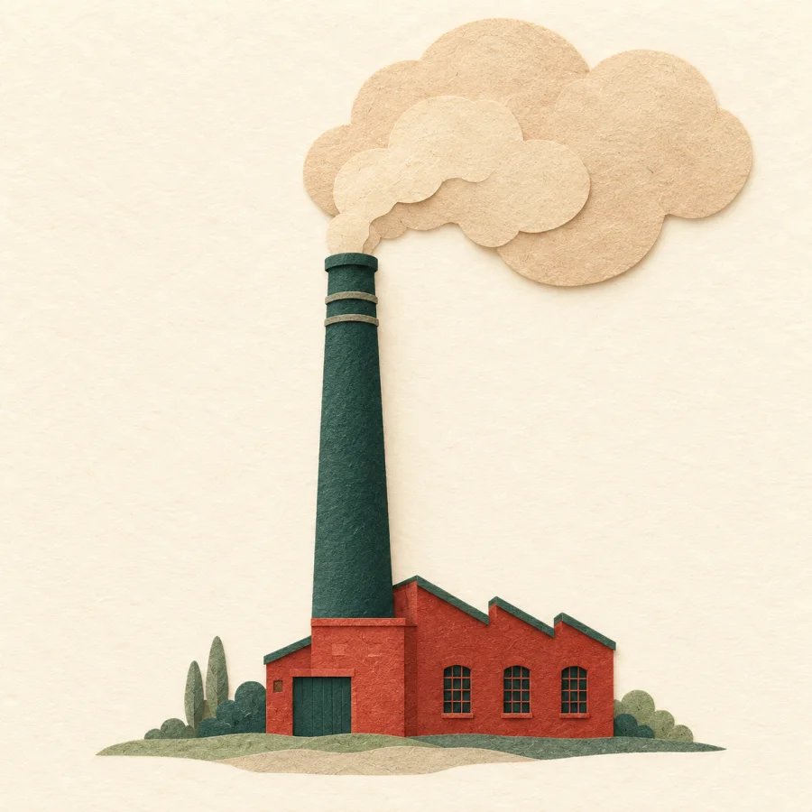 A tall chimney sends a big cloud of smoke into the sky